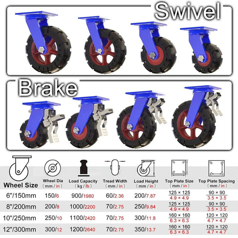 Badass Heavy Duty Industrial Swivel Caster Wheels Set Of Four Solid Rubber Dual Locking Brakes with various sizes and specs