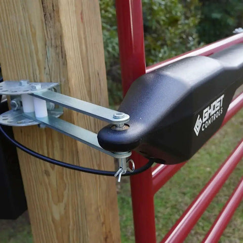 Push To Open Brackets For Automatic Gates That Open Away From Property Two Heavy Duty Solid Steel Pivot Brackets For Rear Mount Replaces Pull To Open Brackets In Gate Opener Kits Includes Two Brackets Metal Finish Model AXPO mounted on gate post