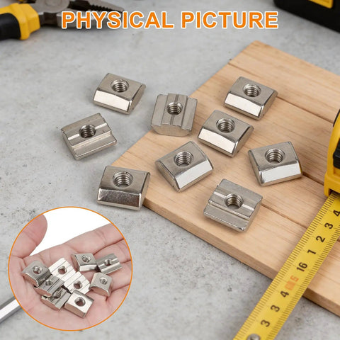 50 Pcs M8 Sliding T Nuts Hammer Head T Nut Fastener Kit for 4040 Aluminum Extrusion Profile with 10mm T Slot on wood surface