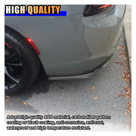Grey car with installed 2 Pack Universal Car Rear Bumper Lip Splitter Canard Diffuser With Side Fins Fenders Skirt Protector, carbon fiber look