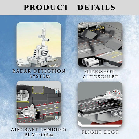 Close-up of radar system, slingshot sculpt, landing platform, and flight deck from 8 In 1 WW2 Aircraft Carrier Building Set.