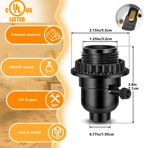 Diagram of UL Listed E26 Light Socket With On Off Switch, showing dimensions and features, black phenolic outer.