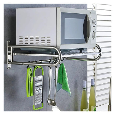 Heavy Duty Six Hook Wall Mounted Coat Rack Super Sturdy Vertical Entryway Organizer with kitchen tools and a microwave.