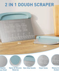 All In One Bench Scraper For Dough And Pastry, 2 In 1 Stainless Steel Dough Cutter With Conversion Chart And Measuring Scale, Plus Bowl Scraper And Food Scraper For Bread, Cake, Pizza And Kitchen Baking, Blue showing dimensions and features