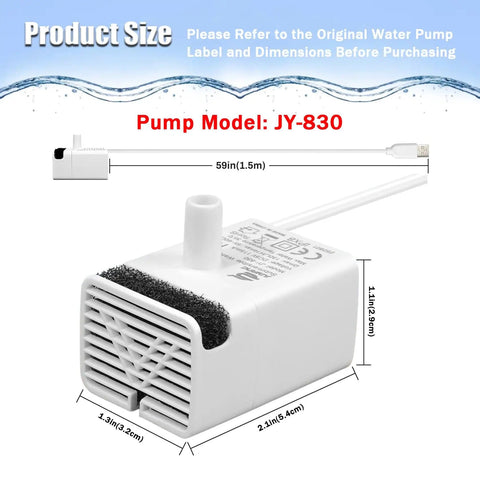 Replacement Submersible Pump For Stainless Steel Cat Water Fountains JY-830 Ultra Quiet Pet Fountain Motor with dimensions