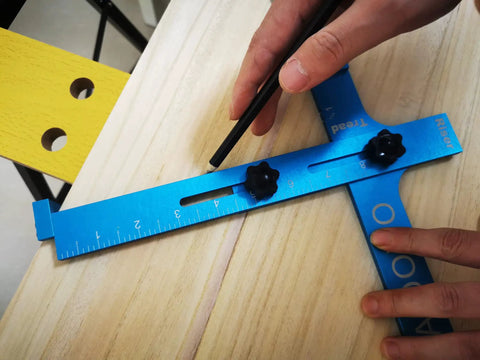 Close-up of DIY Friendly Stair Stringer Cutting Layout Tool Four Step Guide To Measure Calculate Mark And Cut on wood board