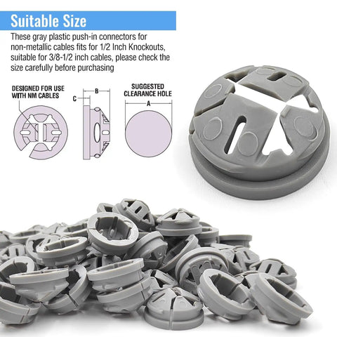 Big Bundle 150 Piece Nylon Push-In Wire Connectors For Electrical Boxes, Non Metal Knockout Plugs And Junction Box Fittings Perfect For DIY Conduit Work And Heavy Duty Cable Management Projects, 3/8-1/2 in gray plastic