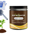 Plant And Lawn Growth Booster With Liquid Bone Meal Fertilizer To Revitalize Soil And Boost Root Health For Indoor And Outdoor Plants And Lawns 120G Easy To Use Pro Grade Soil Revitalizer in jar with garden tools.