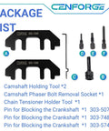 Package list for Ford Camshaft Holding And Timing Tool Kit For 3.5L And 3.7L 4V Engines with holder, socket, and pins.