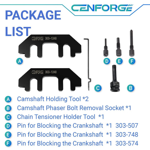 Package list for Ford Camshaft Holding And Timing Tool Kit For 3.5L And 3.7L 4V Engines with holder, socket, and pins.