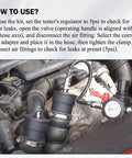 Angchun turbo system leakage tester kit with pressure gauge connected to engine turbo hoses in the engine bay.