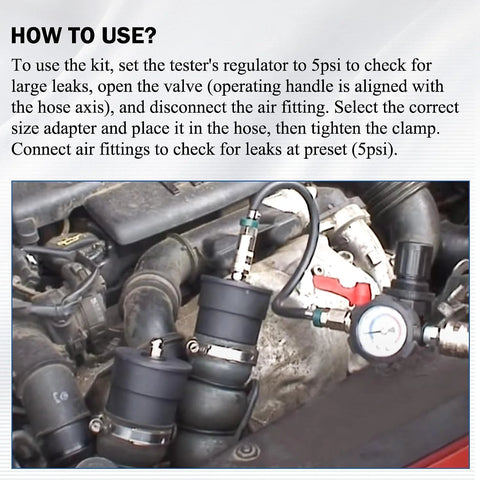 Angchun turbo system leakage tester kit with pressure gauge connected to engine turbo hoses in the engine bay.