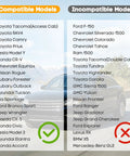 Chart showing compatible and incompatible car models for Waterproof Nonslip Pet Bench Seat Cover For Cars And SUVs.