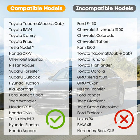 Chart showing compatible and incompatible car models for Waterproof Nonslip Pet Bench Seat Cover For Cars And SUVs.