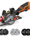 DOVAMAN 4-1/2 inch circular saw with laser, orange/black housing, metal auxiliary handle, and six blades shown