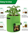 6 Pack 10 Gallon Potato Grow Bags With View Window showing steps to use for veggies and easy harvest in green garden containers