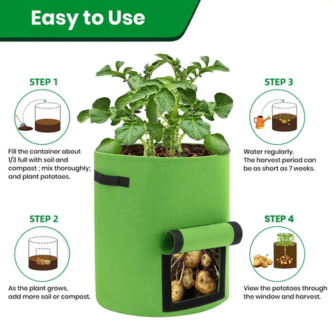 6 Pack 10 Gallon Potato Grow Bags With View Window showing steps to use for veggies and easy harvest in green garden containers