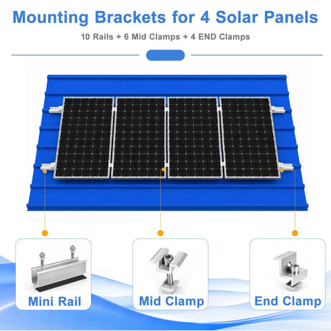 Kickass Heavy Duty Anodized Aluminum Solar Panel Roof Mount Hardware Kit For Four Panels Side By Side Diy Install Includes Sturdy Rails Mid End Clamps
