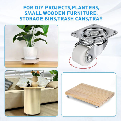 No Sweat Install Smooth As Butter 0.6 Inch Mini Caster Wheels For Furniture on small wooden furniture and plant stands.