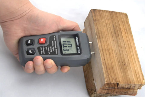 Pin Type Wood Moisture Meter Handheld Pro Grade For Timber And Firewood With Backlit Lcd Display 4 Modes And Data Hold Detects Dampness Humidity Levels And Lumber Moisture Quickly on wood block