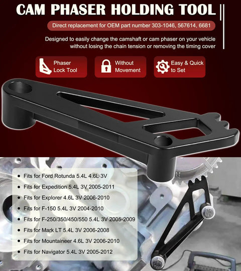 Ford Timing Belt Tools Set for 4.6L 5.4L and 6.8L 3V Engines Including Cam Phaser Holder, metal tool close-up view