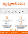 Six Outlet Smart Power Strip With Usb C Charging, Alexa Enabled Wifi Extension Cord with two USB-A ports and six outlets.