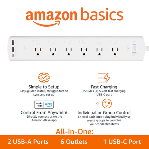 Six Outlet Smart Power Strip With Usb C Charging, Alexa Enabled Wifi Extension Cord with two USB-A ports and six outlets.