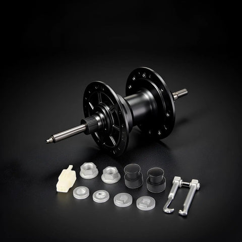 1 Set E-Bike Hub Motor Axle Kit With Front Lock Nut, Lock Washer And Nut Cover For 12mm Shaft displayed with components