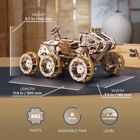 Epic Manned Mars Rover 3D Puzzle Kit With Spring Drive And 6x6 All Wheel Drive Independent Suspension Swiveling Cab Rubberized Wheels Folding Rear Ramp 360 Degree Antenna Laser Engraved Solar Panels 562 Piece DIY Space Craft Model, 11.9 in wide