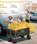 All Terrain Collapsible Wagon Cart With Removable Tabletop And 500Lbs Capacity Folding Utility Wagon With Extended Tailgate Heavy Duty Big Six And A Half Inch Wheels For Beach Picnic Grocery Outdoor Adventures being loaded with groceries near a car in a parking lot.