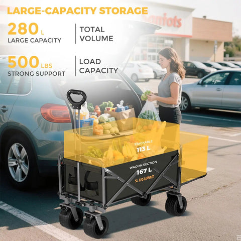 All Terrain Collapsible Wagon Cart With Removable Tabletop And 500Lbs Capacity Folding Utility Wagon With Extended Tailgate Heavy Duty Big Six And A Half Inch Wheels For Beach Picnic Grocery Outdoor Adventures being loaded with groceries near a car in a parking lot.