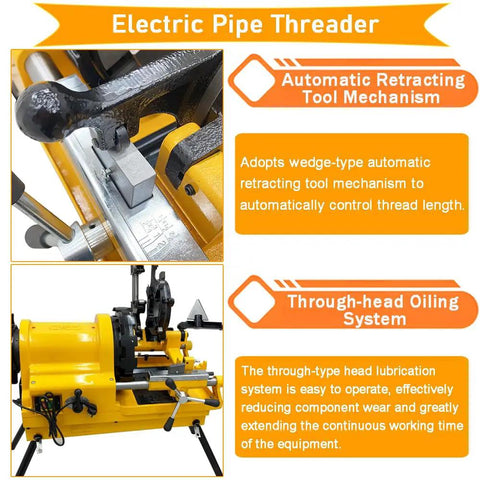 Top Shelf 220 Volt Electric Pipe Threader And Cutter Machine Featuring Kickass Bspt And Npt Die Sets For Effortless One Half To 4 Inch Pro Grade Metal Job Work showing automatic retracting tool mechanism.