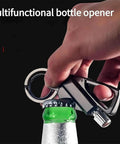 Hand using 3 In 1 All Metal Keychain Lighter With Multitool Bottle Opener And Windproof Permanent Match Kerosene Style Infinite Lighter