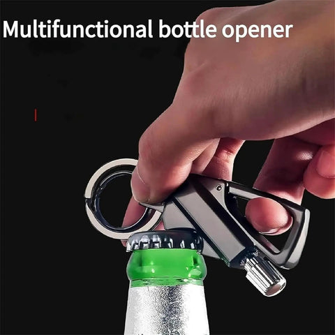 Hand using 3 In 1 All Metal Keychain Lighter With Multitool Bottle Opener And Windproof Permanent Match Kerosene Style Infinite Lighter