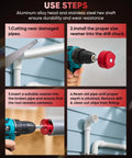 Steps for using 1-1/2 Inch PVC Pipe Reamer And Fitting Saver For SCH40 ABS CPVC Pipes, with drill and pipes in process