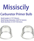 Two clear carburetor primer bulbs with dimensions labeled, designed as 4 Pack Carburetor Primer Bulbs Replacement For Homelite Echo Stihl Zama Poulan 0057003 0057004 561635001 A01195A 12538108660 Fits 4226 121 2700 And DIY Friendly Easy Install For Your Trimmer.