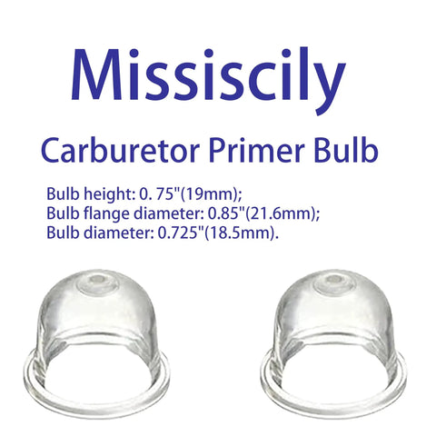 Two clear carburetor primer bulbs with dimensions labeled, designed as 4 Pack Carburetor Primer Bulbs Replacement For Homelite Echo Stihl Zama Poulan 0057003 0057004 561635001 A01195A 12538108660 Fits 4226 121 2700 And DIY Friendly Easy Install For Your Trimmer.