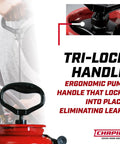 Close-up of Pro Grade 3.5 Gallon Tri Poxy Open Head Sprayer handle with ergonomic design and tri-lock feature to prevent leaks.