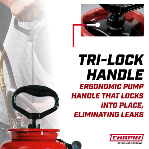 Close-up of Pro Grade 3.5 Gallon Tri Poxy Open Head Sprayer handle with ergonomic design and tri-lock feature to prevent leaks.