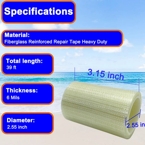 39 Foot RV Awning Repair Tape Waterproof Canvas Patch Kit specifications including fiberglass material and dimensions