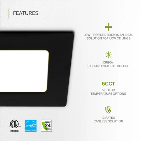 Features of 12 Pack LED Square Recessed Ceiling Lights 4 Inch Ultra Slim Canless Wafer Downlights Dimmable With 5 CCT