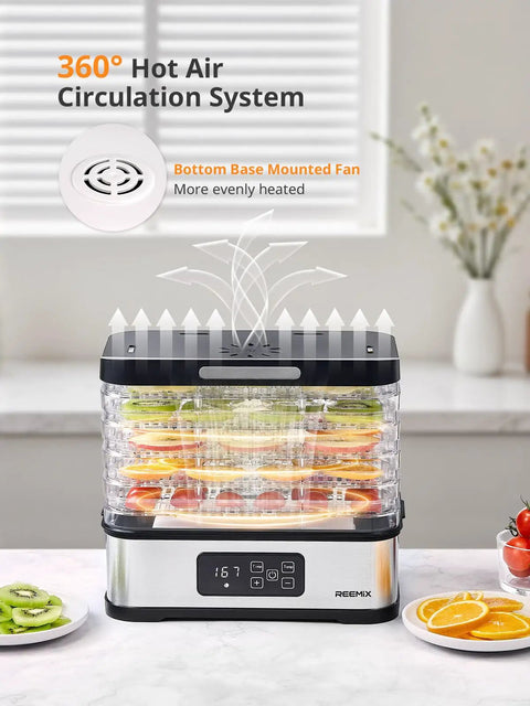 Totally Nifty Compact 5 Tier Food Dehydrator With Bpa Free Trays To Dry Sweet Fruits Crunchy Veggies Fresh Herbs And Tasty Homemade Jerky For Your Daily Kitchen Setup, showcasing 5 tiers with fruits on trays.
