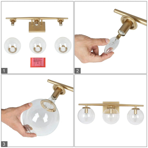 Assembly of Gold Three Light Vanity Fixture With Clear Glass Globe Shades For Bathroom Modern Soft Gold Finish 22 Inch Long
