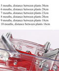 Close-up of Easy No Bend Seed Dispenser showing 7 mouths and 5 seed wheels with plant distance chart in centimeters.