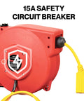 Retractable Extension Cord Reel With 40 Ft 12 AWG SJT Cable, red housing, 3 outlet tap, 15A safety circuit breaker visible