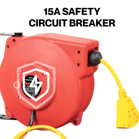 Retractable Extension Cord Reel With 40 Ft 12 AWG SJT Cable, red housing, 3 outlet tap, 15A safety circuit breaker visible
