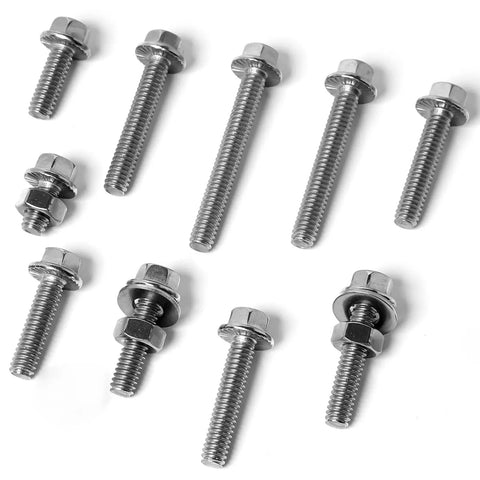 Stainless Steel 304 1/4-20 Flange Hex Bolts Kit With Nuts And Flat Washers, Fully Threaded Bolts In 1/2, 3/4, 1, 1-1/4, 1-1/2, 1-3/4, And 2 Inch Lengths, Great For Auto, Outdoor, And DIY Projects. Shown with nuts and washers