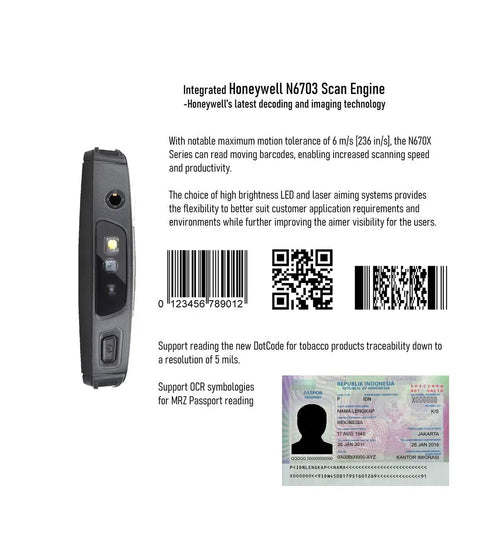 Side view of Rugged Android 9.0 Handheld Computer with Honeywell N6703 barcode scanner alongside text and passport examples
