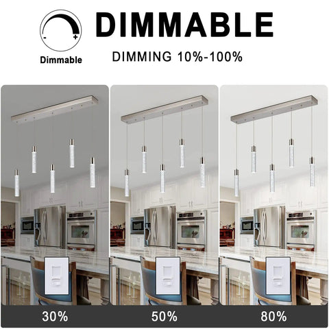 Dimmable settings of the 5 Light Pendant Ceiling Light Fixture For Kitchen Island With Crystal Bubble Beads, shown at 30%, 50%, 80%.