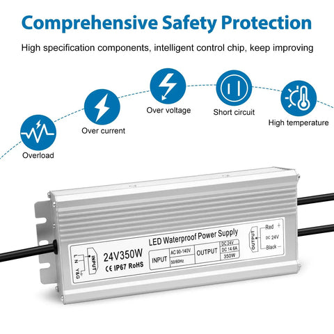 Heavy Duty 24V 350W LED Power Supply With IP67 Waterproof Build And Low Voltage Transformer AC To DC Converter safety features